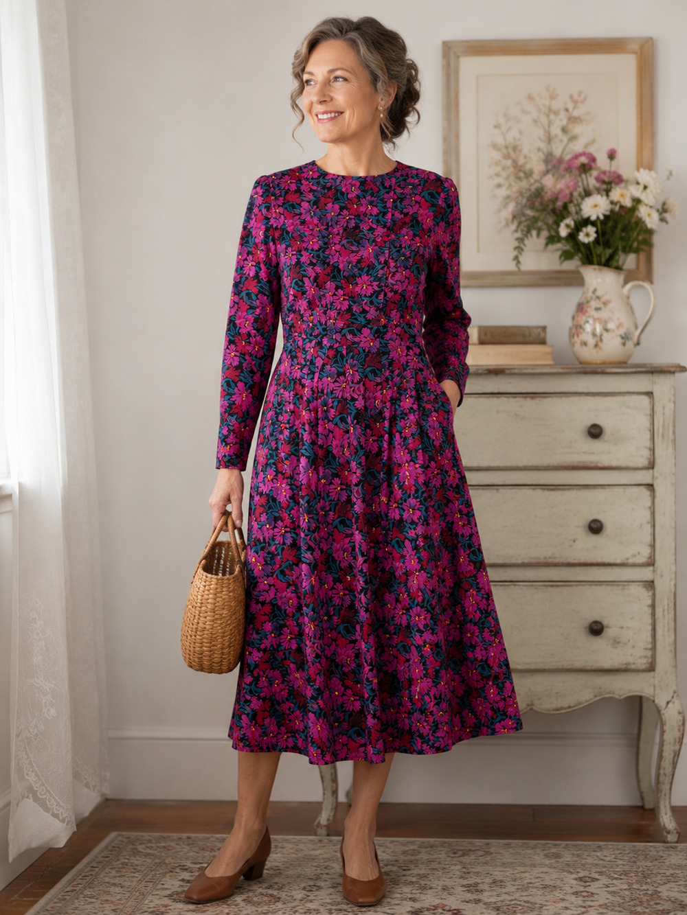 SUSAN BENNETT Vintage 90s Womens Midi Dress Size 10 Cottagecore Floral Pleat